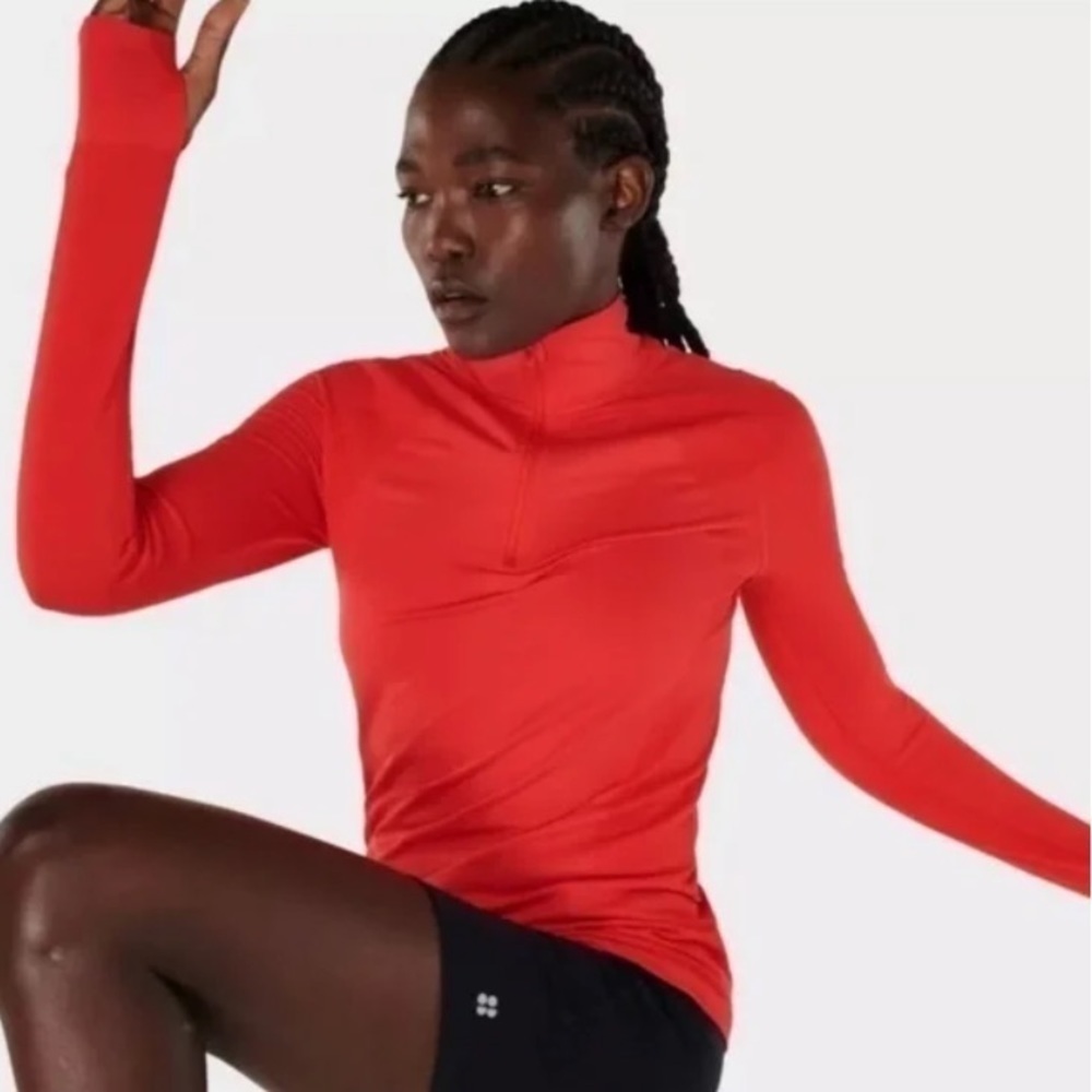 NEW Sweaty Betty Red Seamless Athletic Half Zip Long Sleeve Top Size XS
